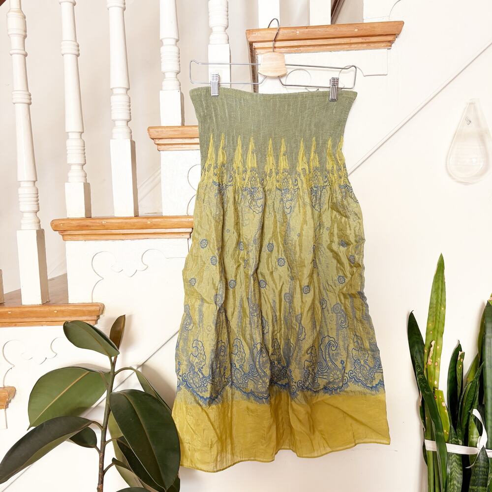 Y2K Crinkle Boho Skirt Olive Blue Embroidered Smocked Waist One Size